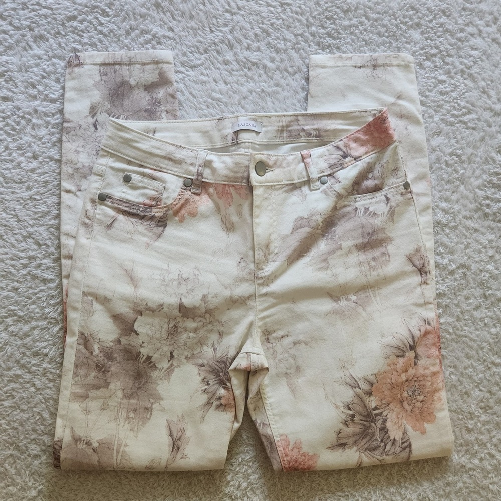 Lascana Womens Floral Print Skinny Jeans Cream Pink Brown Size 6 US Botanical